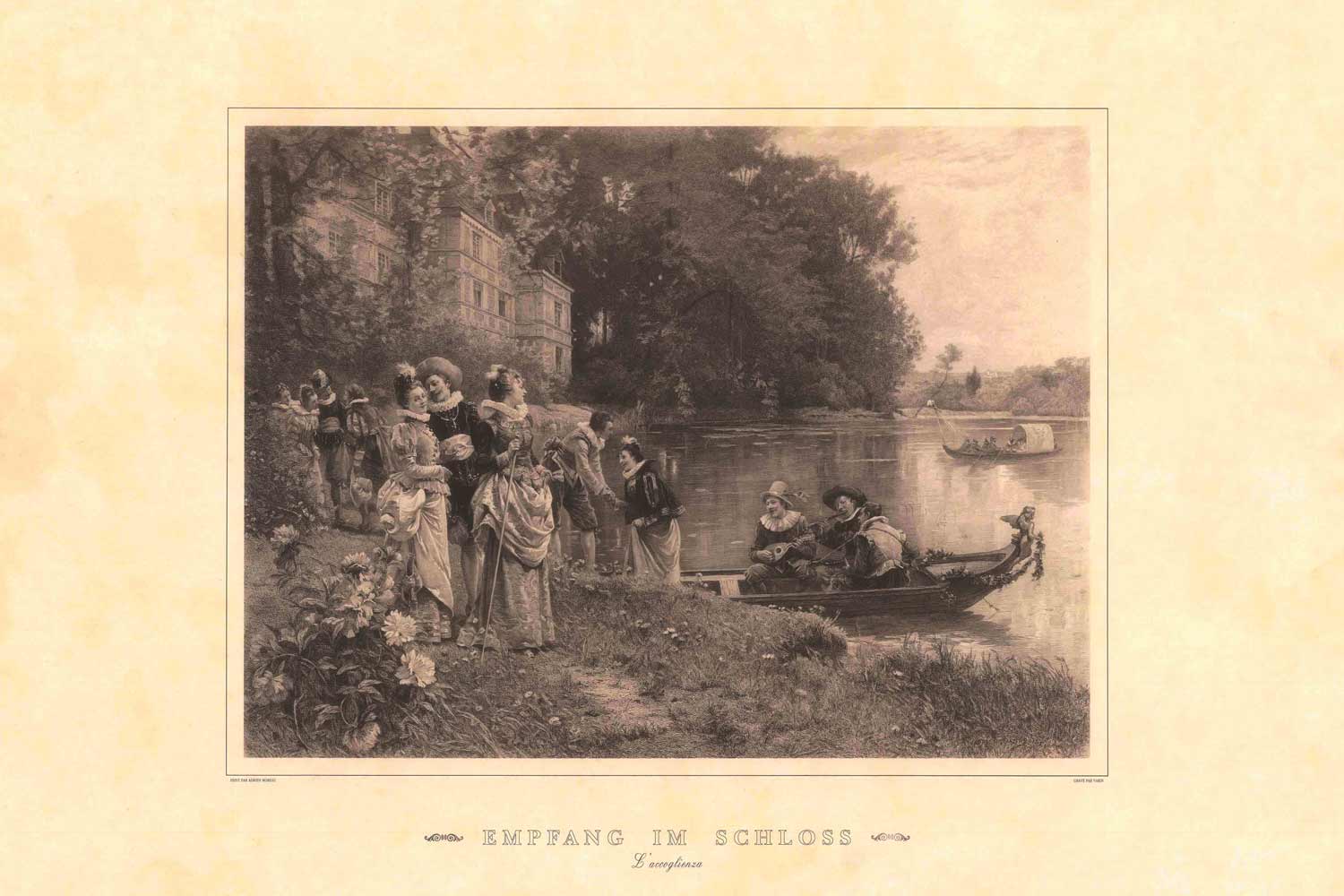 Etching Reception At The Castle 19th Century Engraving