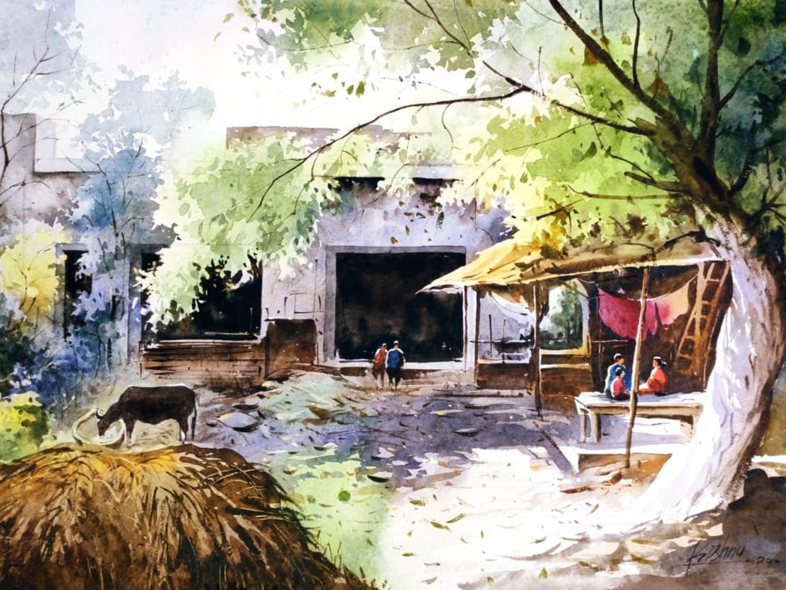 Village Landscape Handmade Water color Painting by Kishnu