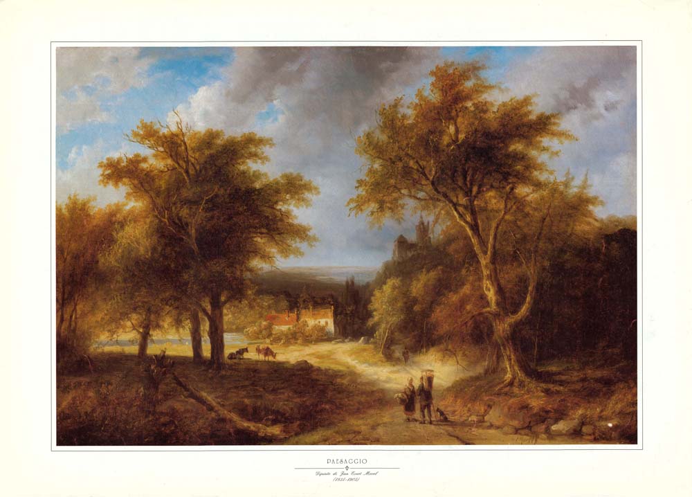 Wooded Landscape with Men & Woman Walking Down a Road