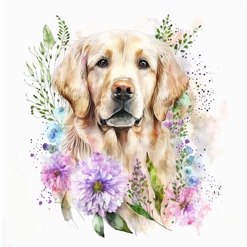 Golden Retriever Dog with Flowers