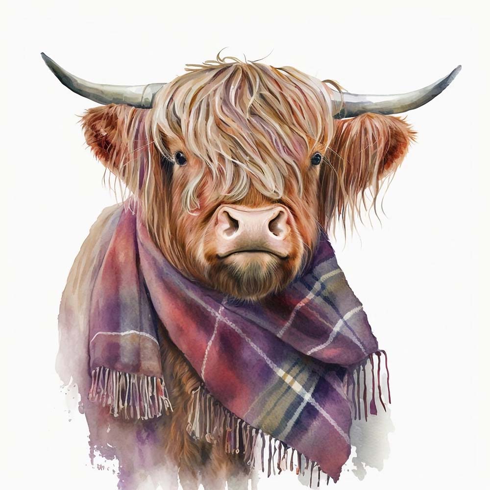 Highland Cow & Scarf Print