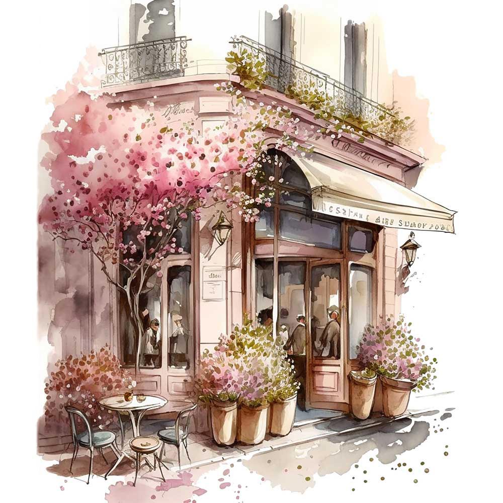 Flowers in Front of Coffee Shop Print