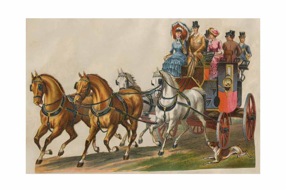 Large Gorgeous Die Cut of Men & Women Riding on a Coach