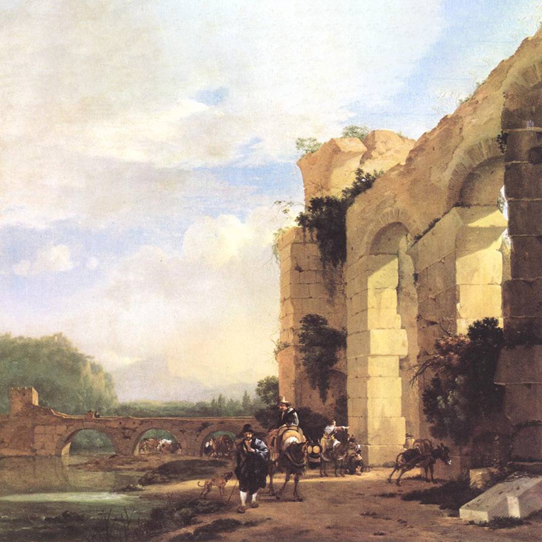 Italian Landscape With The Ruins Of A Roman Bridge And Aqueduct