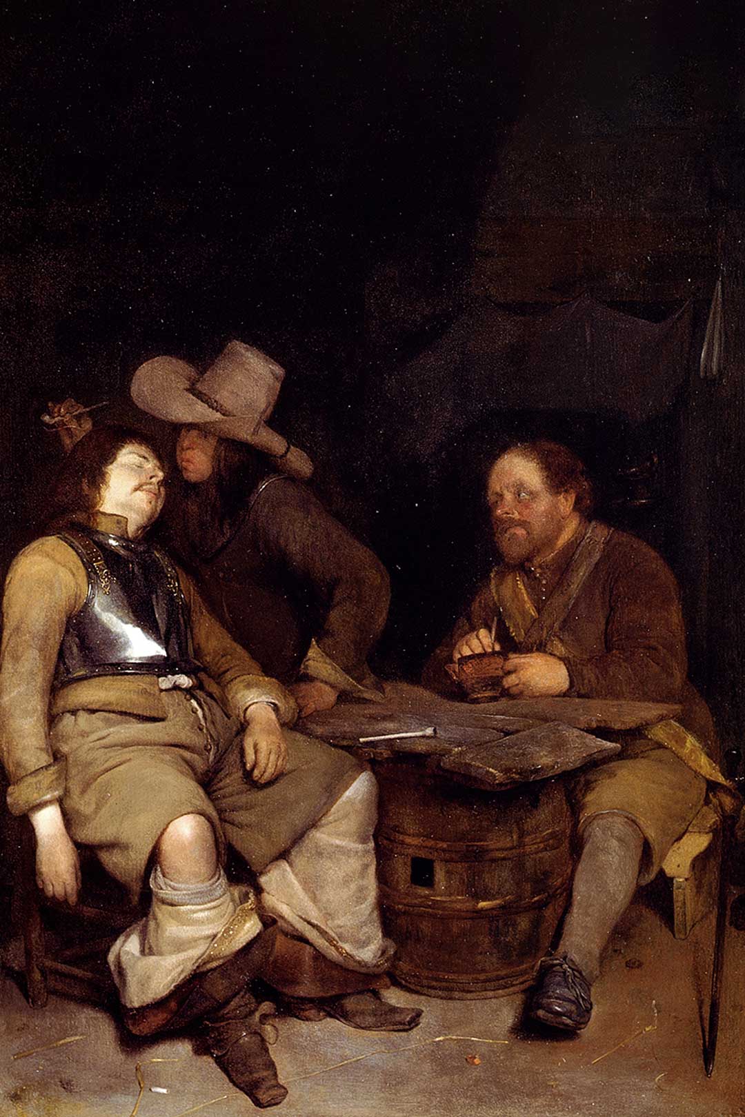 A Guard Room Interior With A Soldier Blowing Smoke In The Face Of His Sleeping Companion