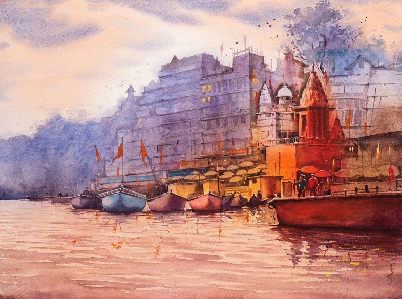 Beautiful Banaras Ghat - Water Colour Painting