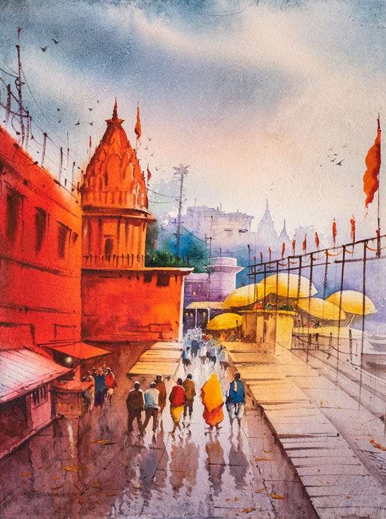 Banaras Ghat -  Water Colour Painting