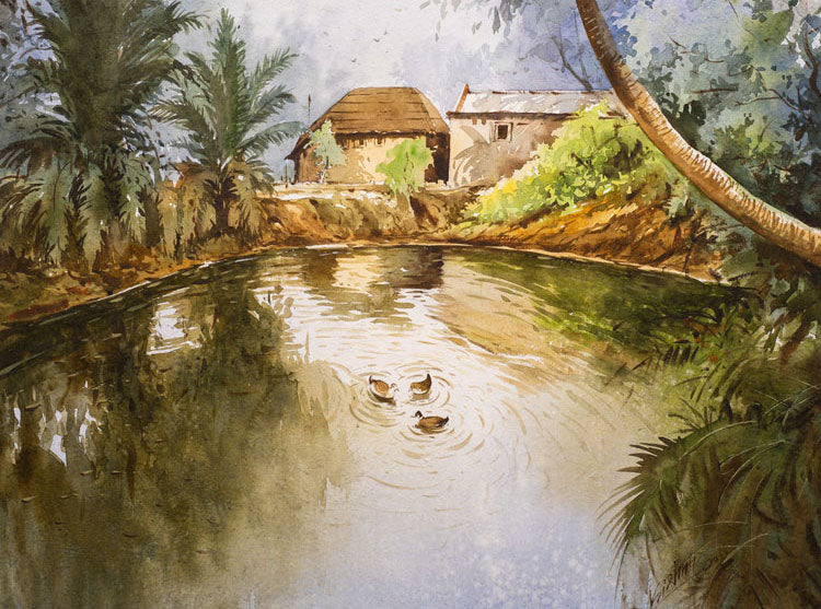 Lake Side Village - Water Colour Painting