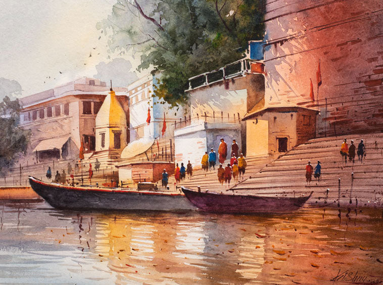 Beautiful Banaras Ghat -  Water Colour Painting