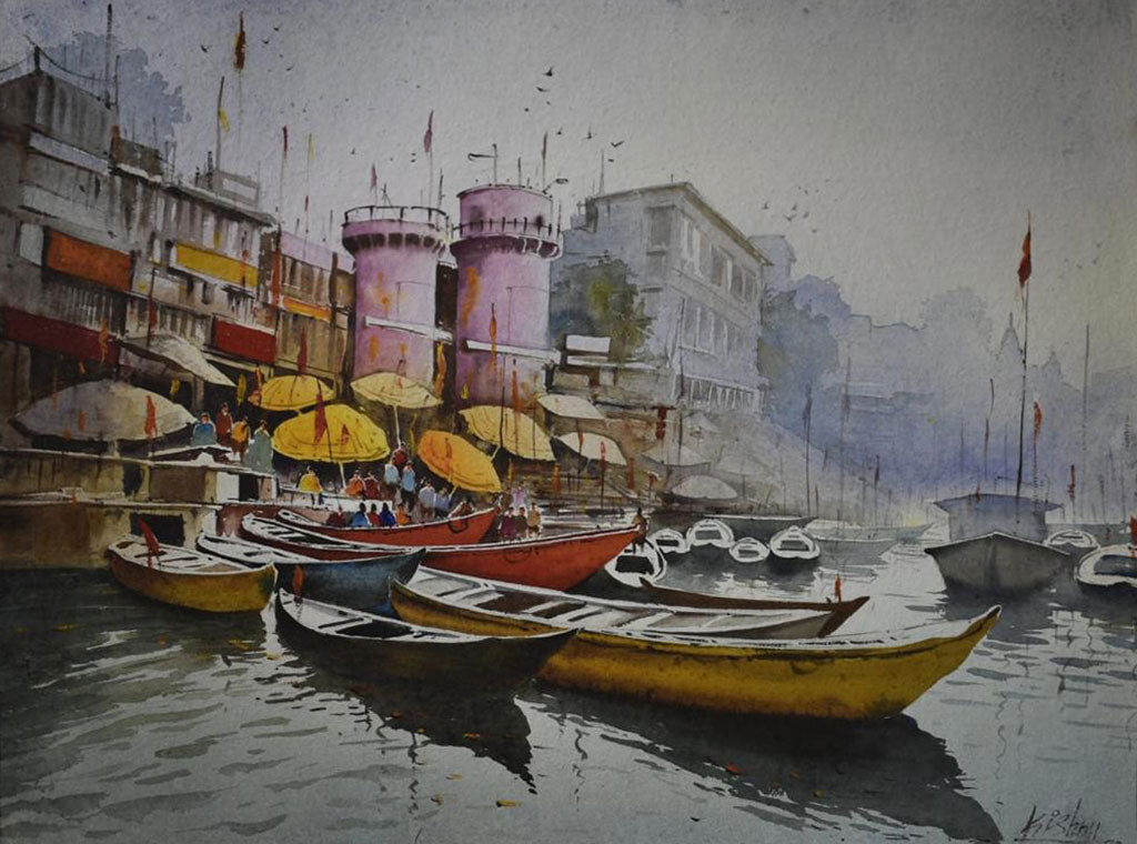 Banaras Ghat in morning - Water Colour Painting