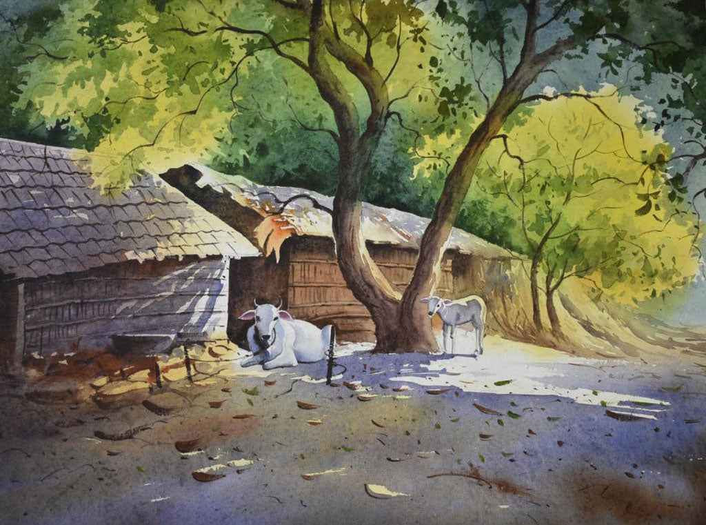 Village Landscape - Water Colour Painting