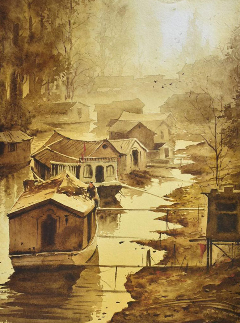 Kashmir Landscape in Monochrome - Water Colour Painting