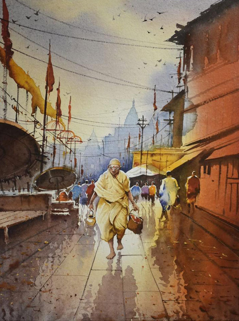 Old Lady on Banaras Ghat - Water Colour Painting