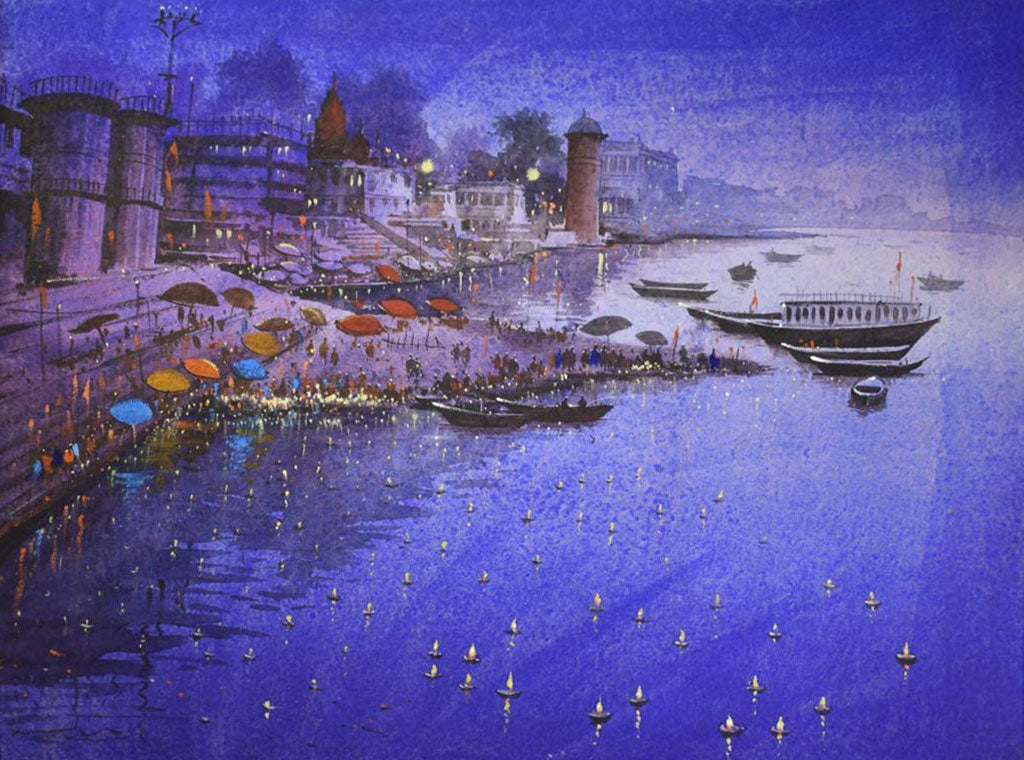 Evening Deep Lighting  on Banaras Ghat - Water Colour Painting