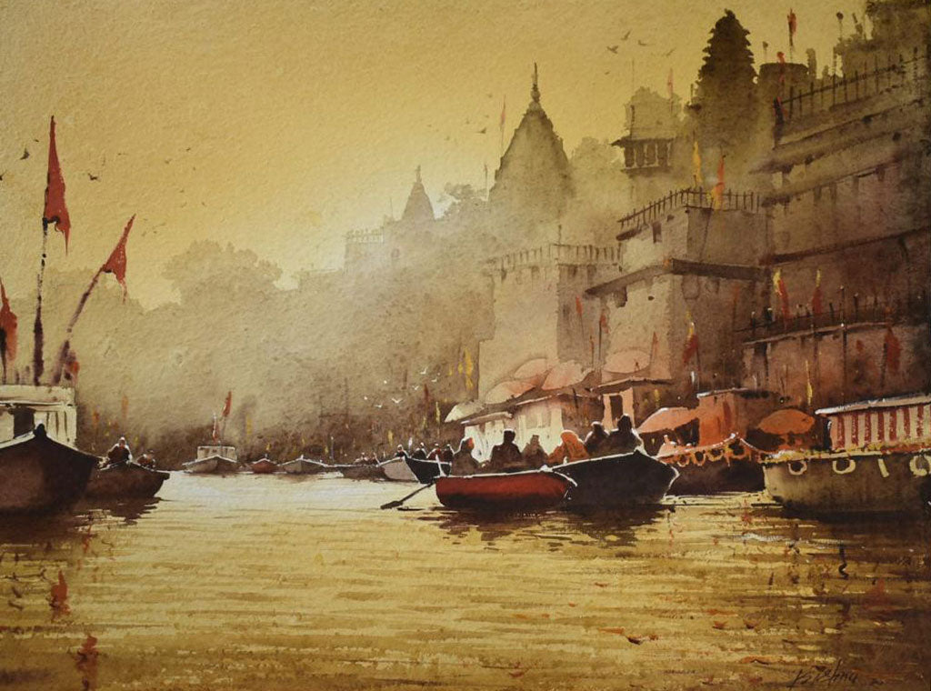 Beautiful Morning in Banaras Ghat - Water Colour Painting