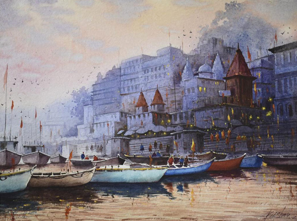 Misty Morning in Banaras Ghat - Water Colour Painting