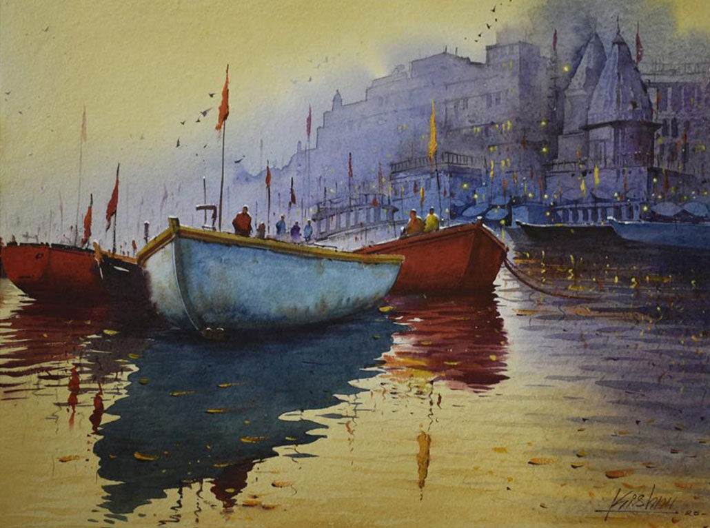 Misty Morning in Banaras Ghat - Water Colour Painting