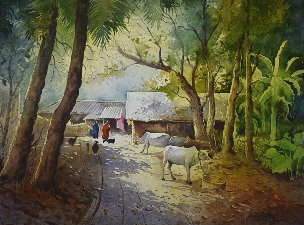 Village Landscape - Water Colour Painting