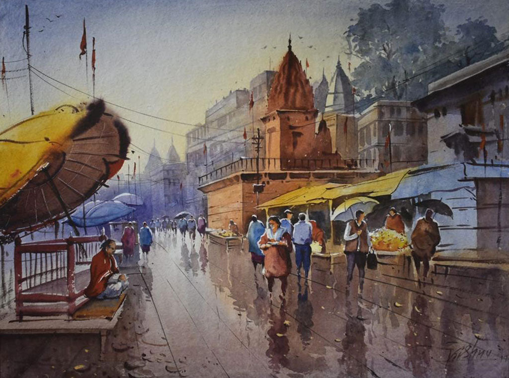 Banaras Ghat in rainy season - Water Colour Painting