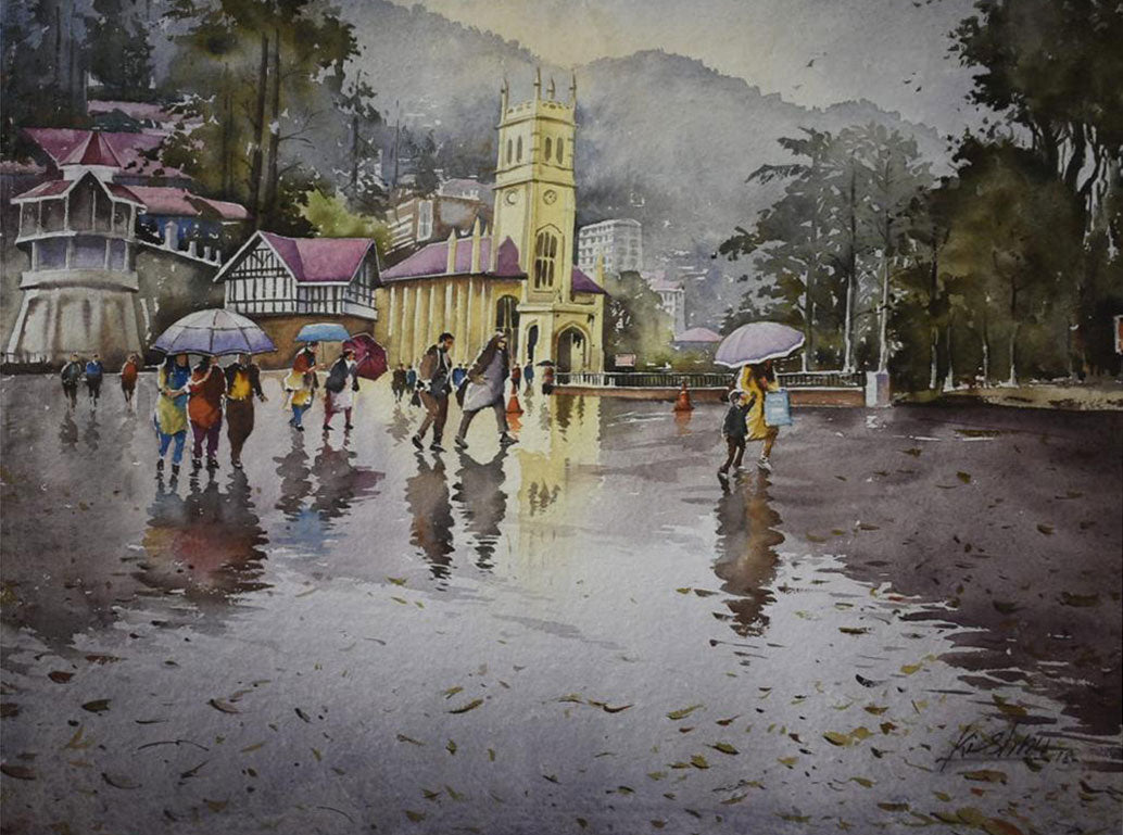 Rainy Season in Shimla - Water Colour Painting