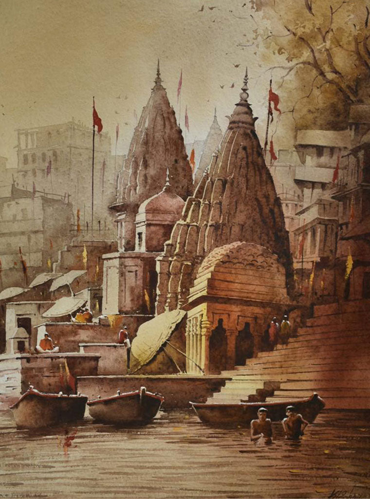 Beautiful Banaras Ghat in Monochrome - Water Colour Painting