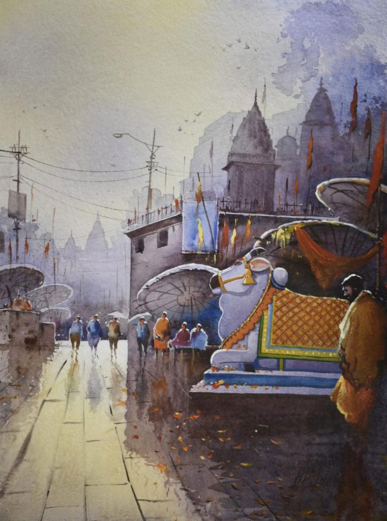 After Rain on Banaras Ghat - Water Colour Painting