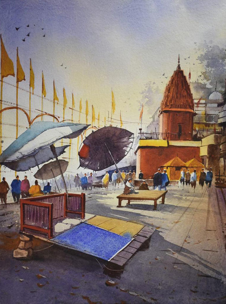 Morning Light in Banaras Ghat - Water Colour Painting