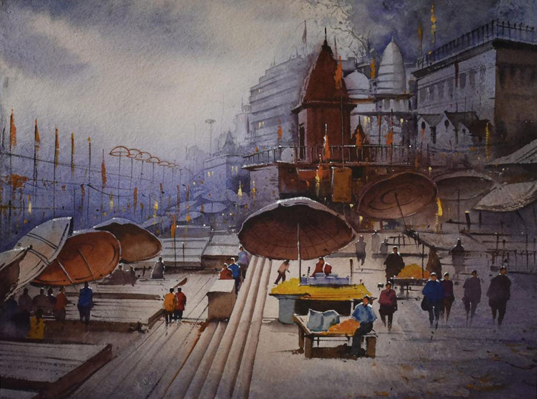 Umbrellas on Banaras Ghat - Water Colour Painting