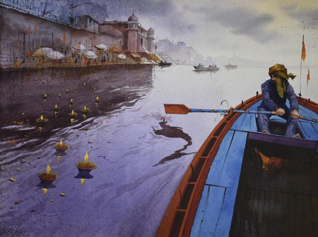 Evening Deep Lighting  on Banaras Ghat - Water Colour Painting