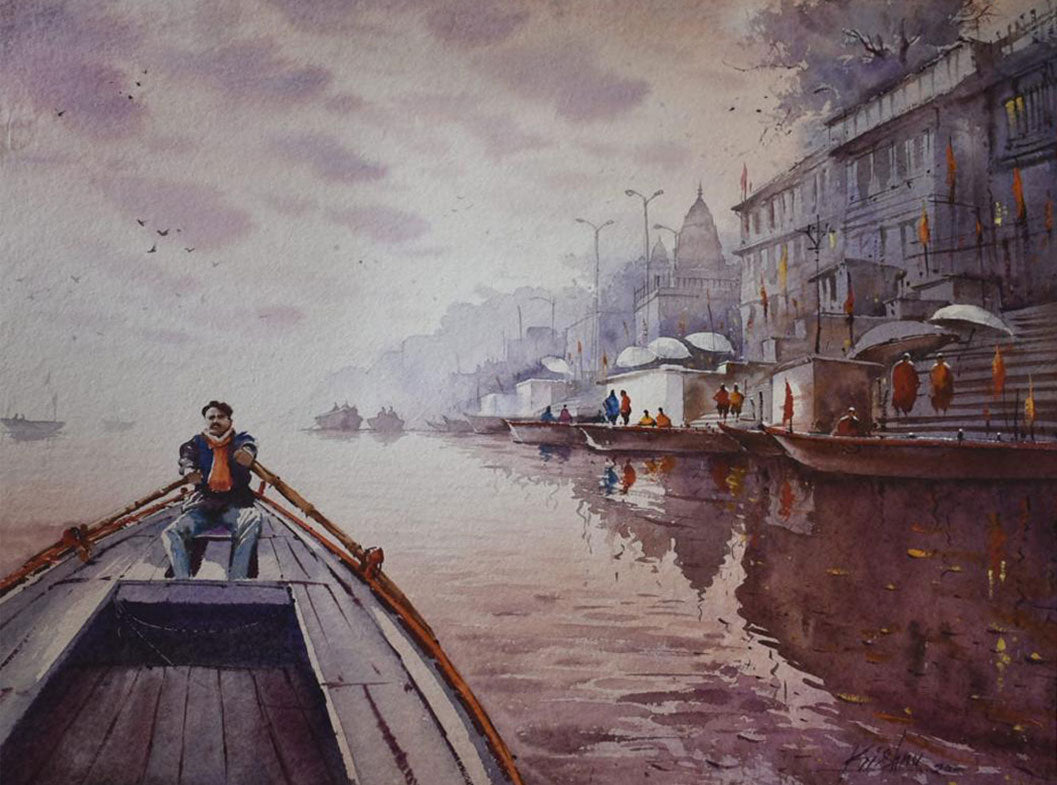 Misty Morning Banaras Ghat - Water Colour Painting