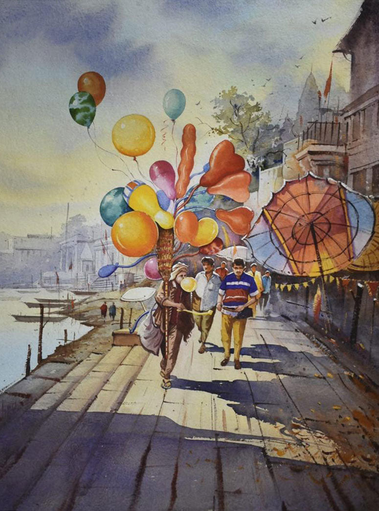 Balloon Seller on Banaras Ghat - Water Colour Painting