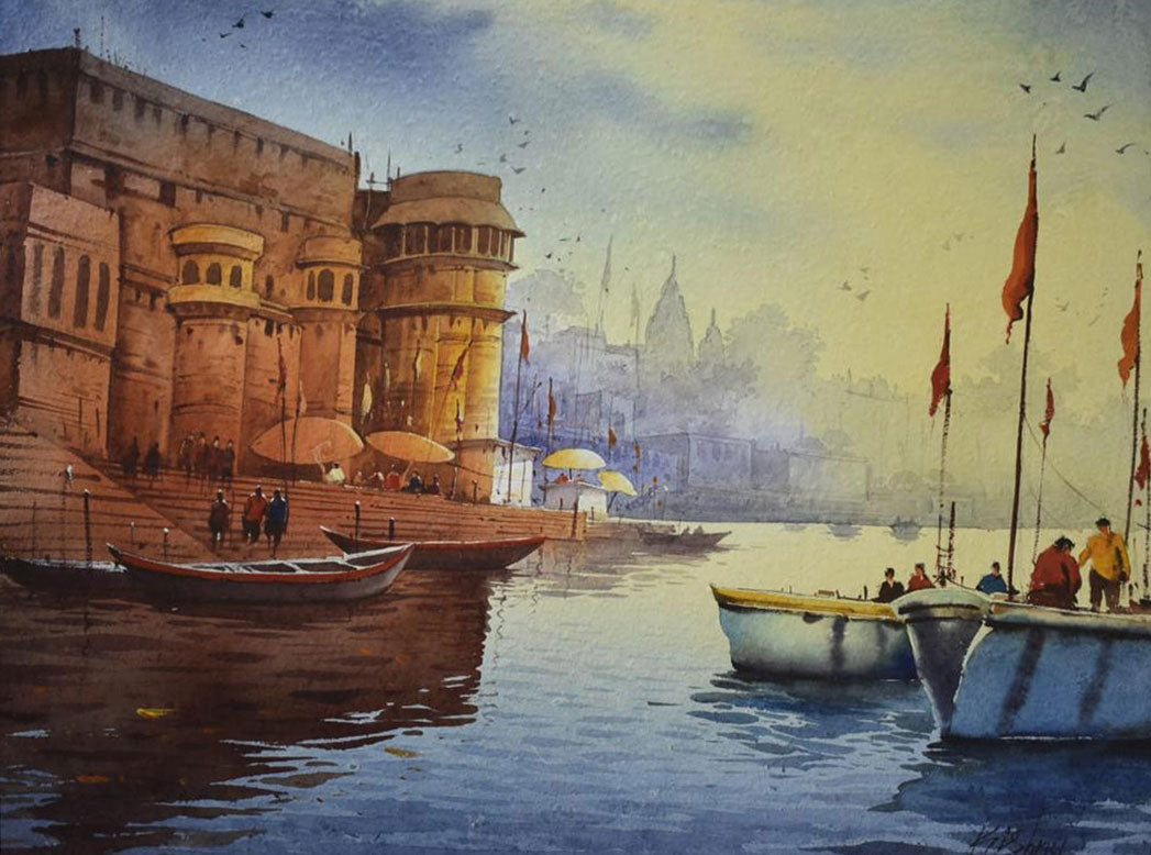 Beautiful Morning in Banaras Ghat - Water Colour Painting