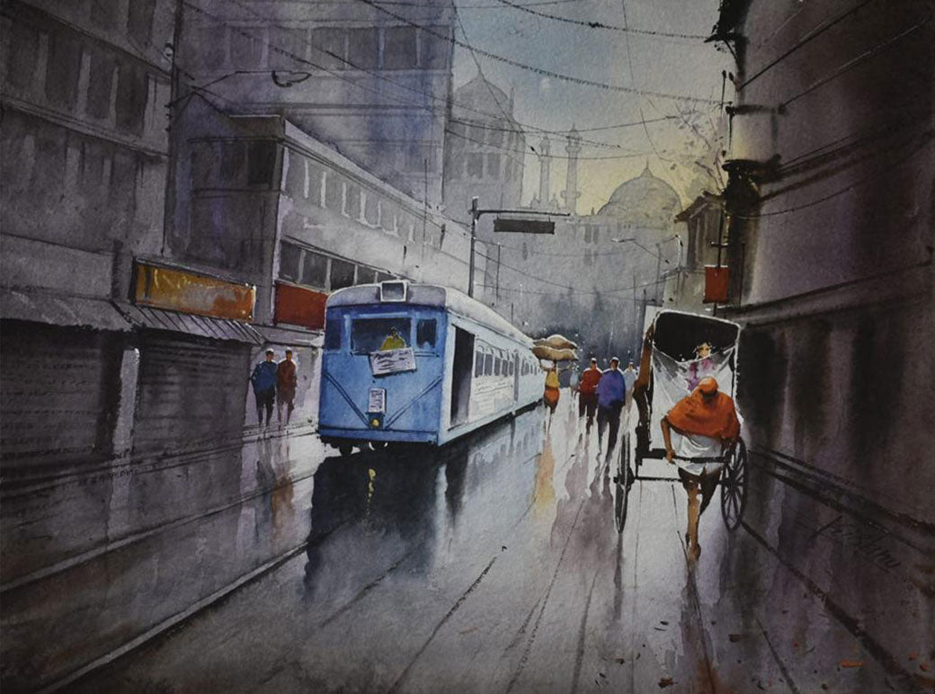 Kolkata Street in Rainy Season - Water Colour Painting