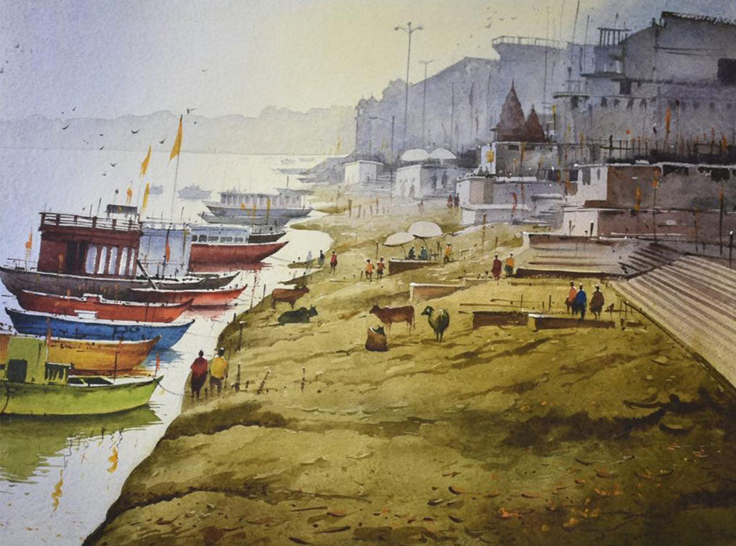 Banaras Ghat in Morning - Water Colour Painting