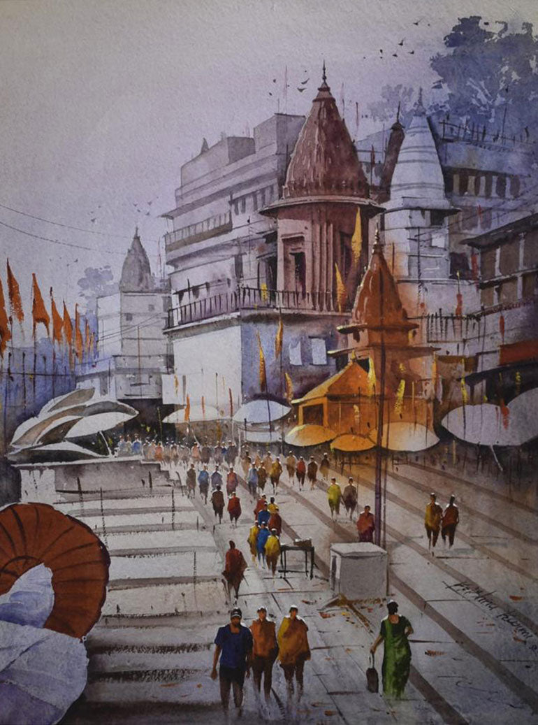 Beautiful Banaras Ghat Evening - Water Colour Painting