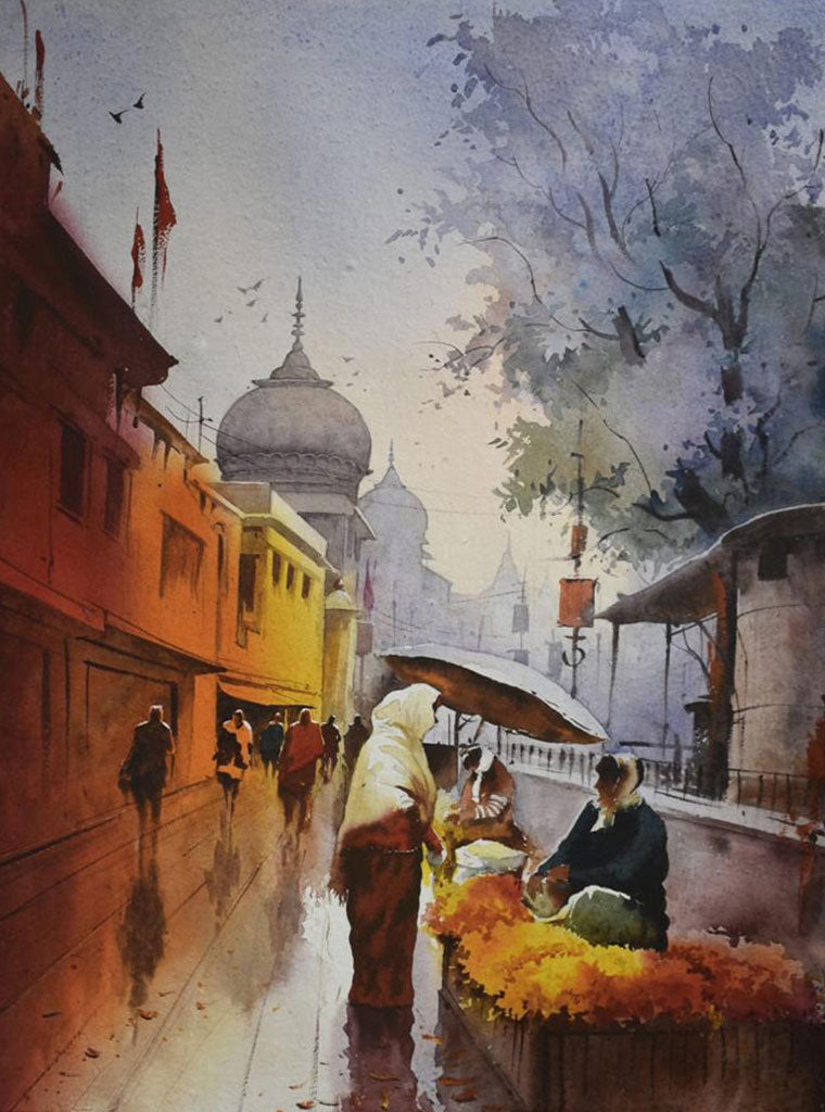 Flower Seller on Ayodhya Ghat - Water Colour Painting