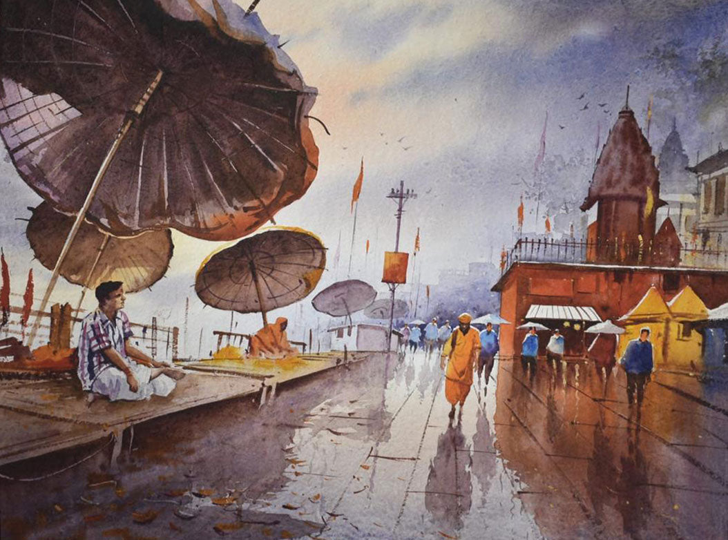 Rainy Season in Banaras Ghat - Water Colour Painting