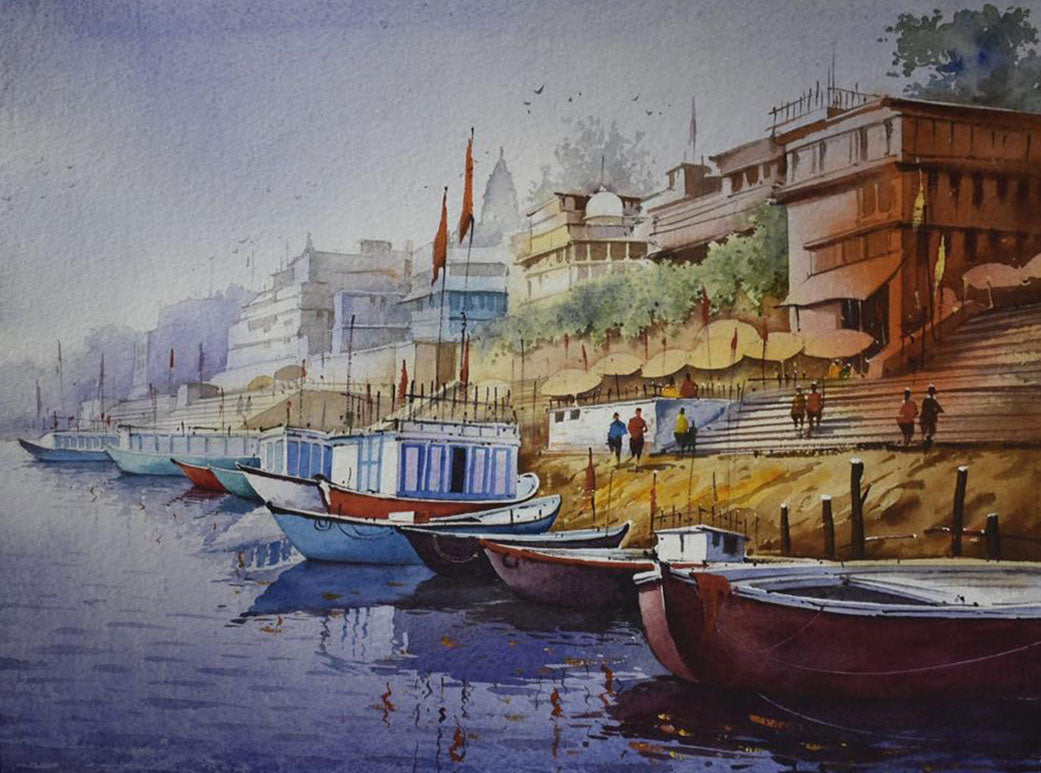 Boats on Banaras Ghat - Water Colour Painting