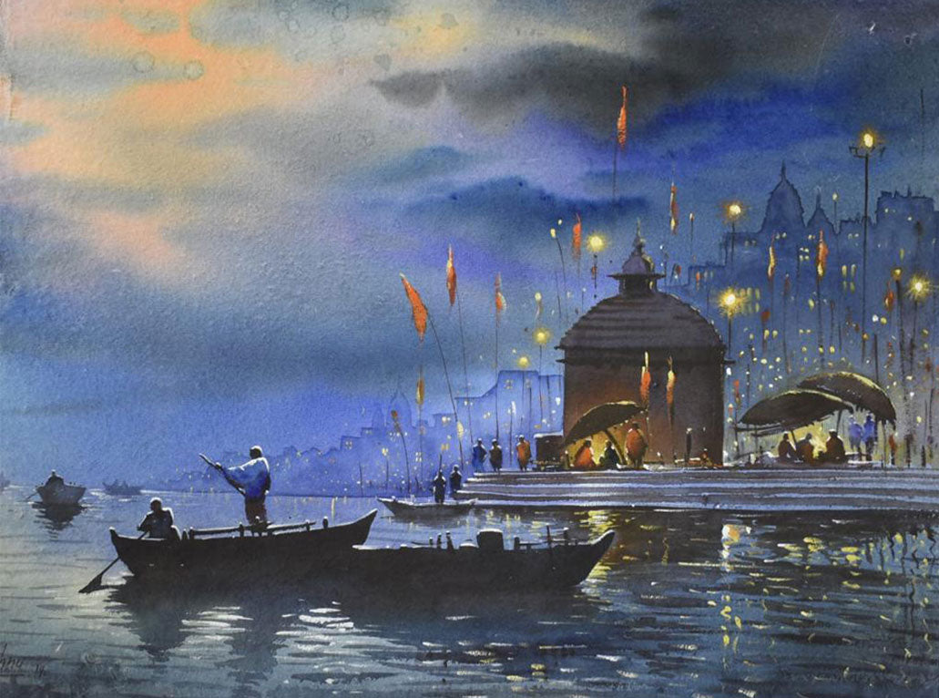 Evening Lighting on Banaras Ghat - Water Colour Painting