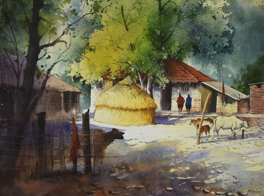 Village Landscape - Water Colour Painting