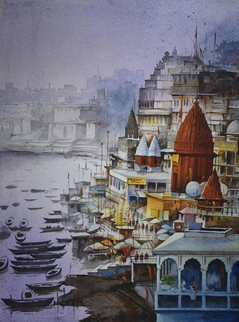 Beautiful Banaras Ghat - Water Colour Painting