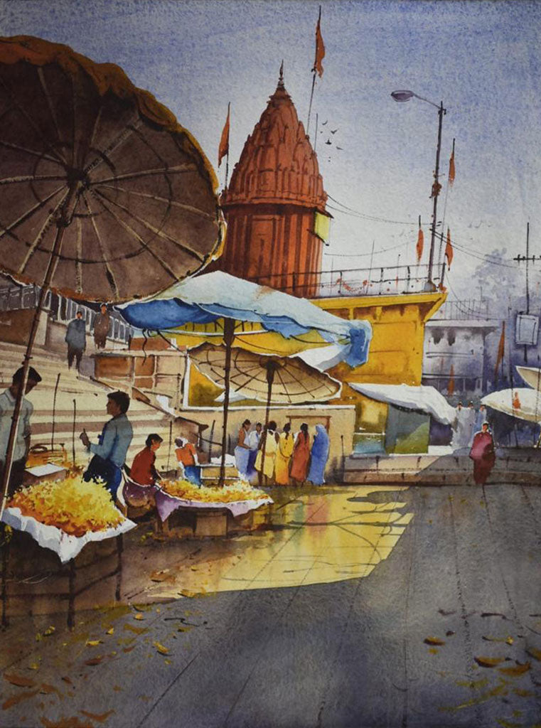 Banaras Ghat in Morning - Water Colour Painting