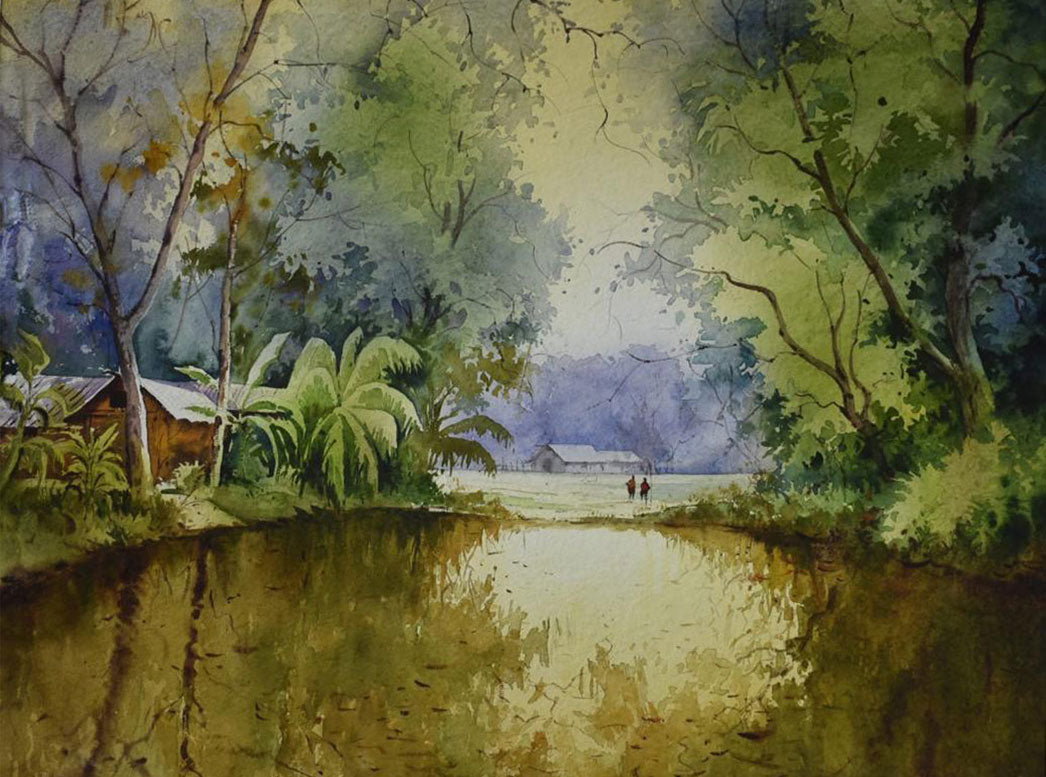 Lake Side Village - Water Colour Painting