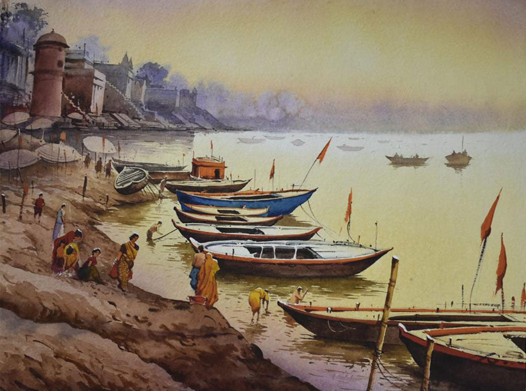 Beautiful Morning in Banaras Ghat -  Water Colour Painting