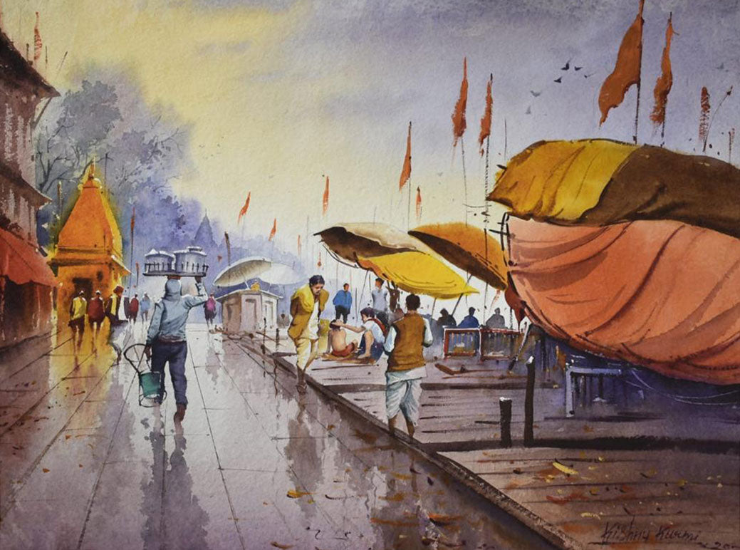 Banaras Ghat in Rainy Season -  Water Colour Painting