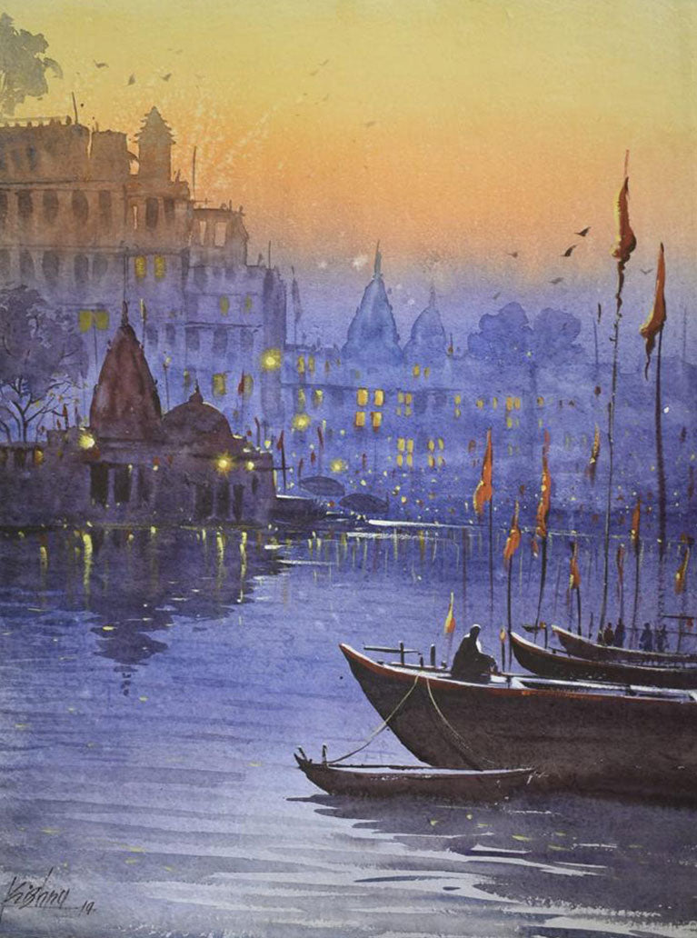 Beautiful Evening in Banaras Ghat -  Water Colour Painting