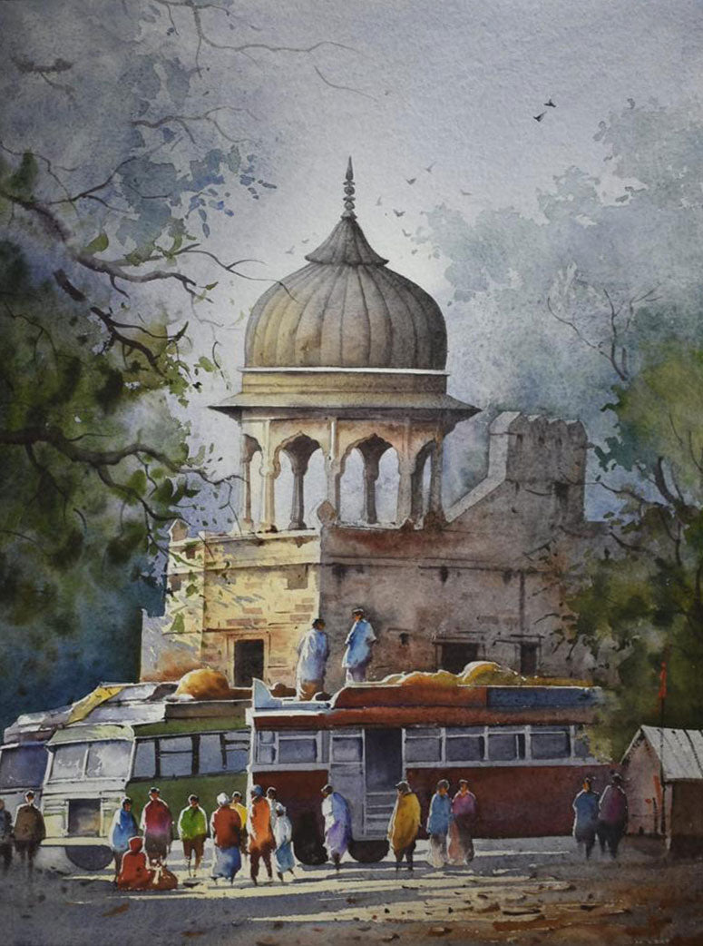 Morning in Old Delhi - Water Colour Painting