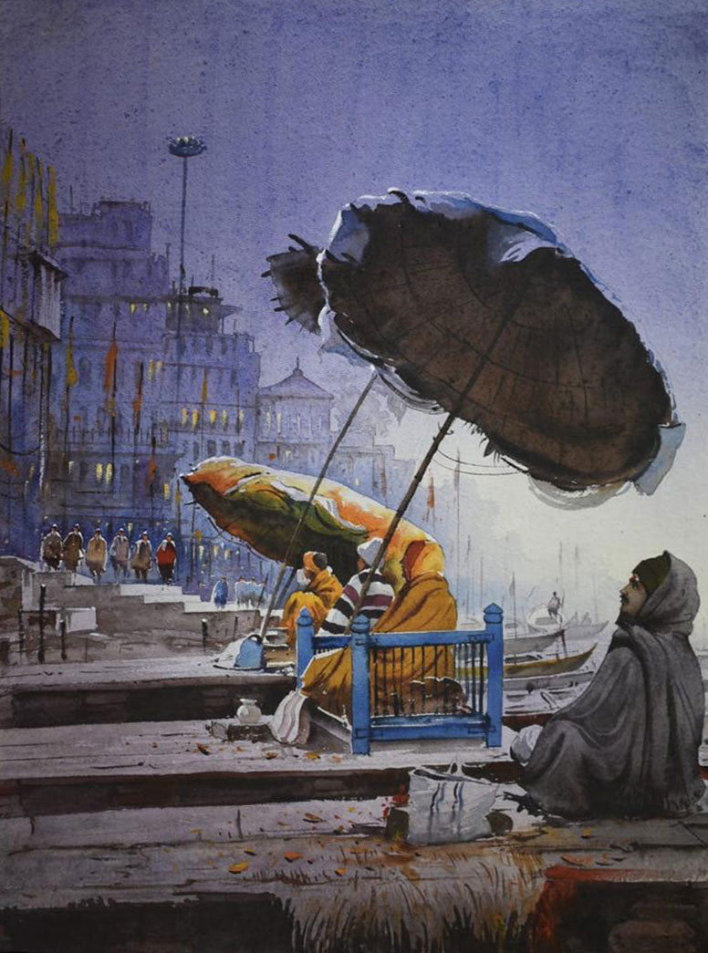 Umbrellas on Banaras Ghat - Water Colour Painting