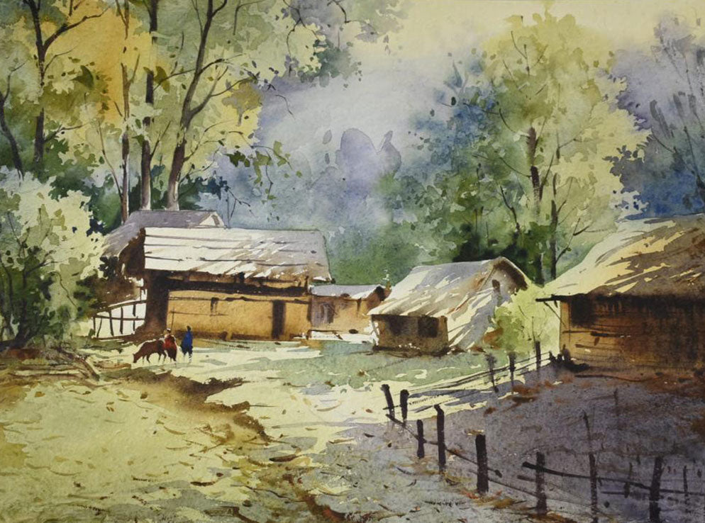 Village Landscape - Water Colour Painting