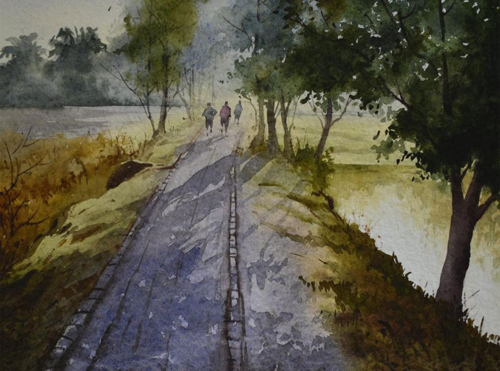 Road Field Tree Landscape - Water Colour Painting